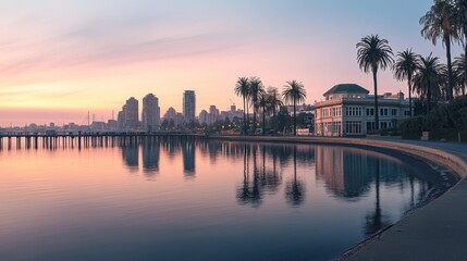 Fototapeta premium Sunrise cityscape reflection, coastal promenade, palm trees, tranquil waters