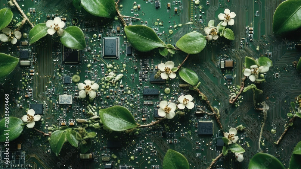Aufkleber nature intertwines with technology in an intricate circuit board bloom concept