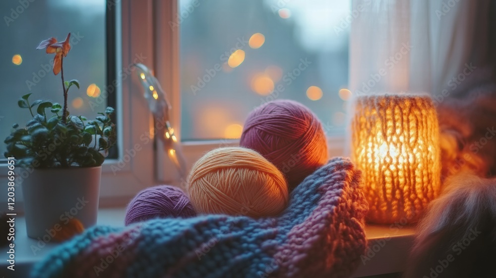 Aufkleber Cozy evening with colorful yarn and soft light by the window in a serene indoor setting. Generative AI