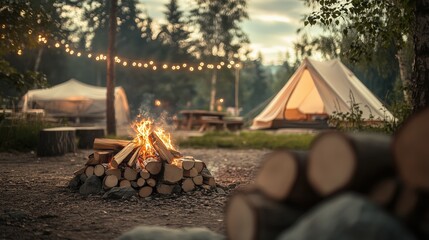 Cozy campfire surrounded by tents and trees in a serene forest setting at dusk