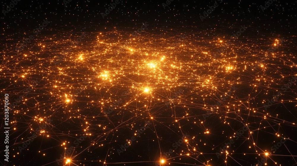 Poster an intricate web of glowing dots and interconnected lines forming a futuristic network on a dark bac