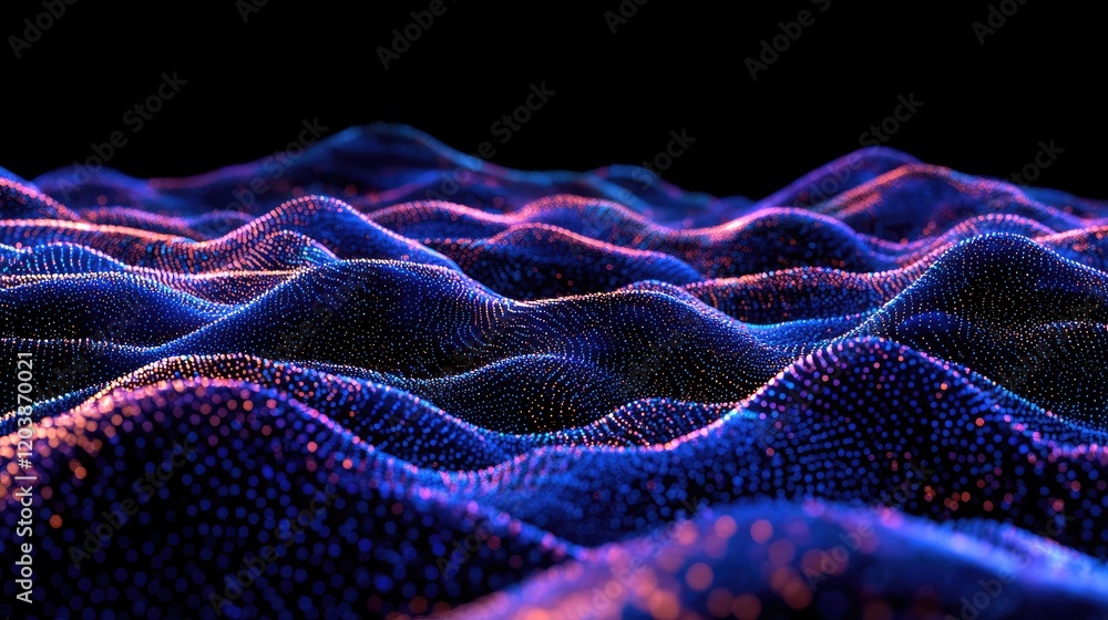 Poster an intricate web of glowing dots and interconnected lines forming a futuristic network on a dark bac