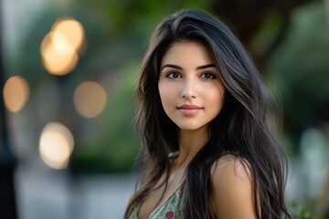 Naklejka premium Confident Young Woman Poses in Urban Setting