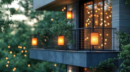 Evening balcony lights, forest view, romantic ambiance, home decor