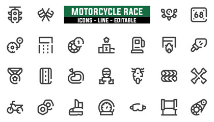 Set of 25 line icons motorcycle race. Editable stroke. Vector illustration