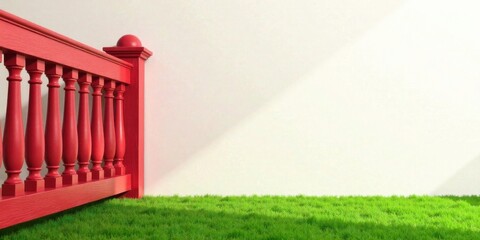 Vibrant Red Balustrade Beside a Soft Green Lawn Against a Pristine White Wall