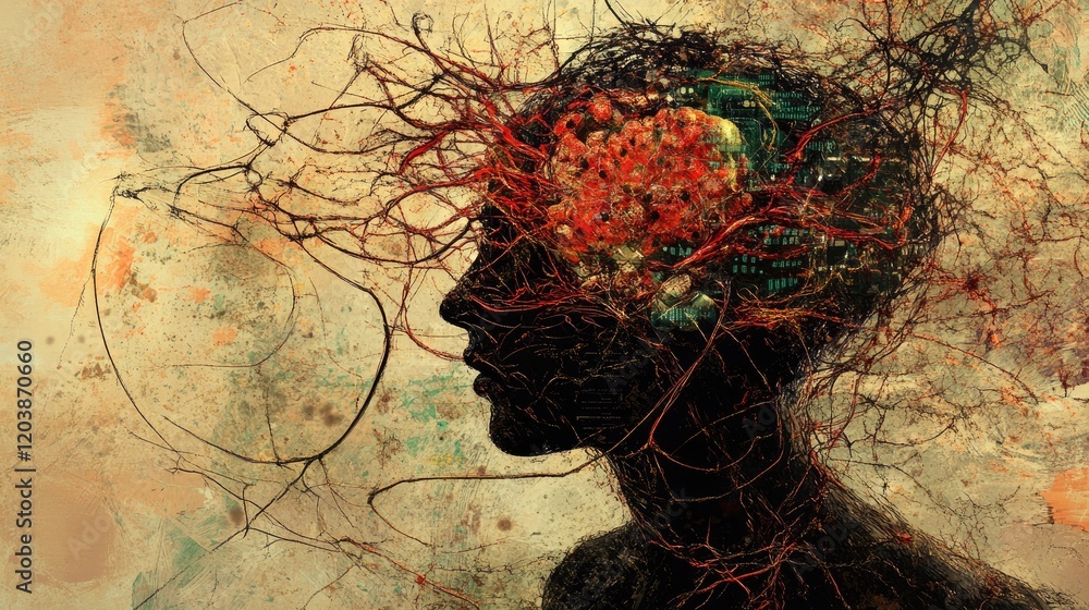 Poster artistic depiction of human intelligence merging with technology, highlighted by intricate neural pa
