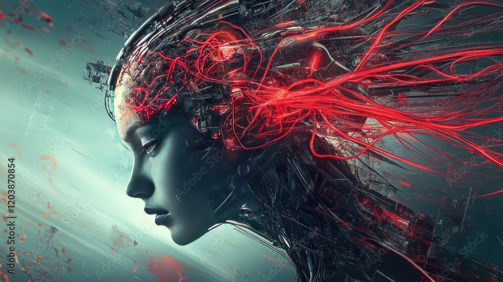 Poster artistic depiction of human intelligence merging with technology, highlighted by intricate neural pa