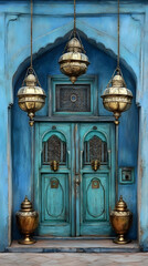 Obraz premium Teal Door, Brass Lanterns, Blue Wall, Arabian Setting, Travel