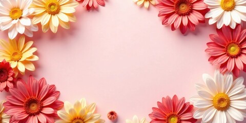 Obraz premium Vibrant Floral Arrangement on a Pastel Pink Background A Delicate Border of Peach and White Blossoms Creates a Charming and Elegant Frame for a Blank Space, Ideal for Text or Design Elements