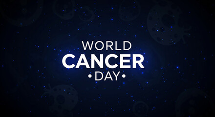 World Cancer Day Awareness Dark Blue Background with Glowing Stars and Cells