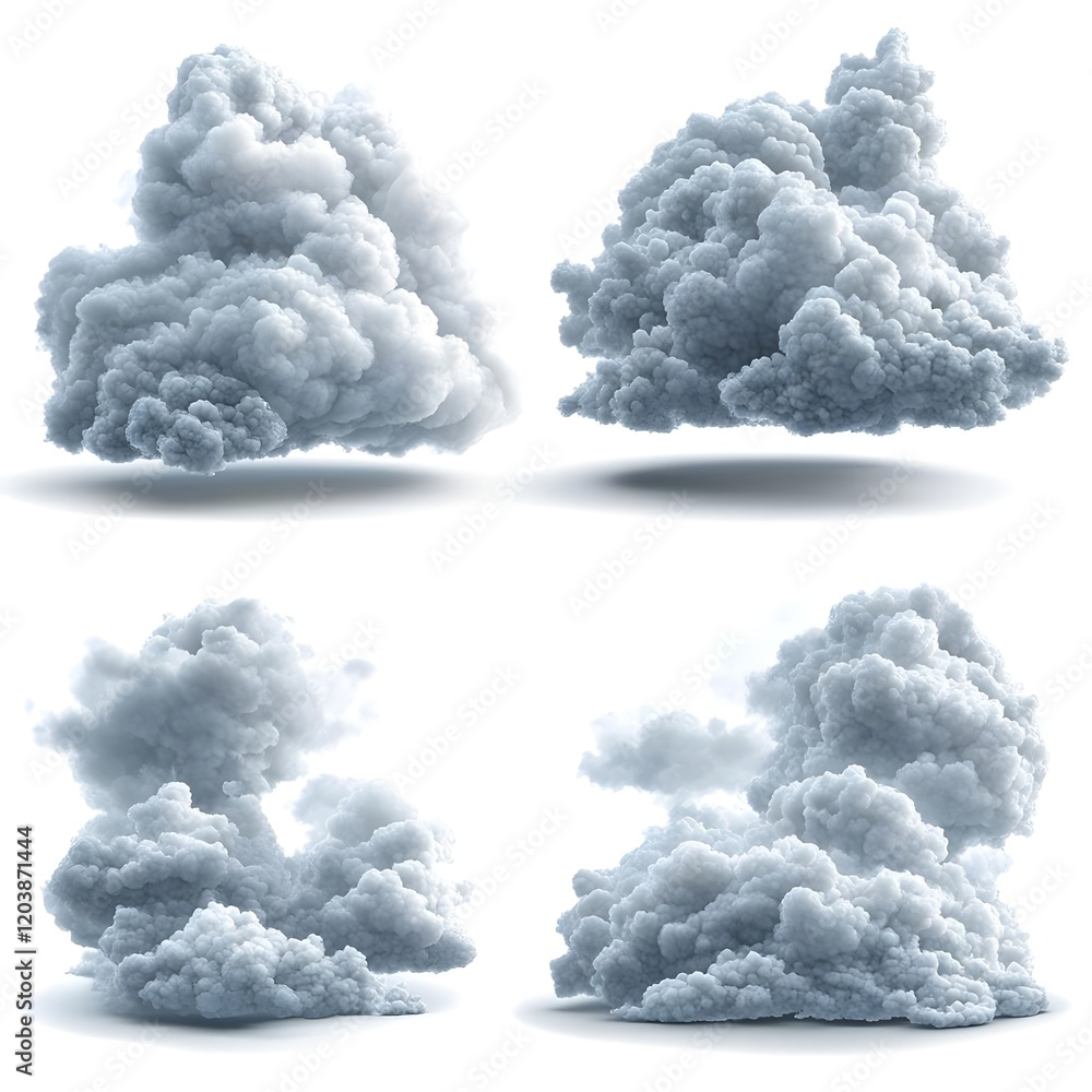 Poster a collection of fluffy gray clouds in various shapes and sizes against a white background.