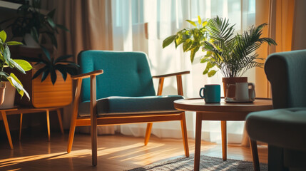 Bright Living Room with Plants and Wooden Furniture
