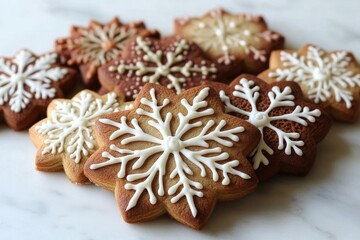 Beautifully decorated snowflake cookies arranged on a wooden surface during winter festivities