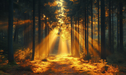 Obraz premium Bright sun Rays of Sunlight spring woodland green forest