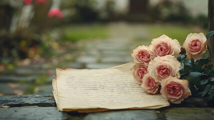 Romantic still life composition with vintage roses and an antique letter