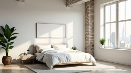 Serene Minimalist Bedroom Design with Sunlight Streaming Through Large Window and Blank Canvas Above Bed