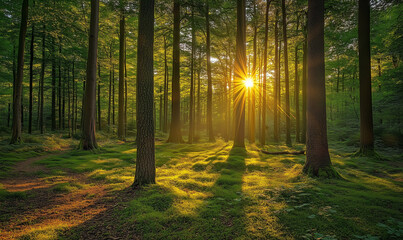 Fototapeta premium Bright sun Rays of Sunlight spring woodland green forest