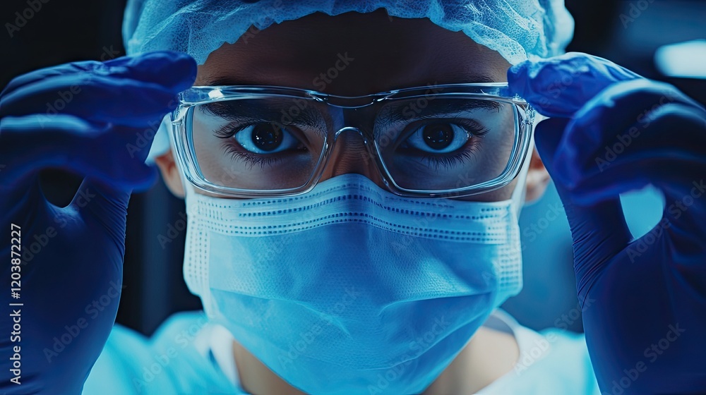 Poster close-up of a surgeons focused expression, adjusting gloves before a procedure in a high-tech operat