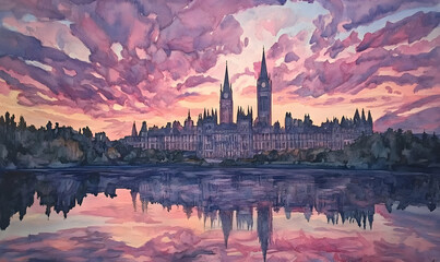 Fototapeta premium Parliament sunset, city reflection, artwork