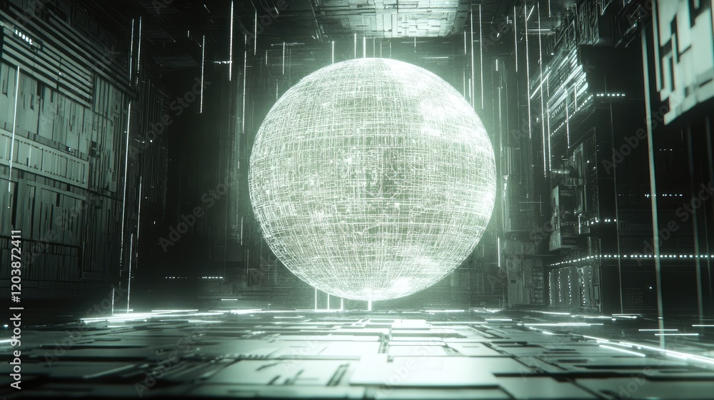 Poster conceptual artwork featuring intelligence as a luminous sphere surrounded by geometric tech symbols 