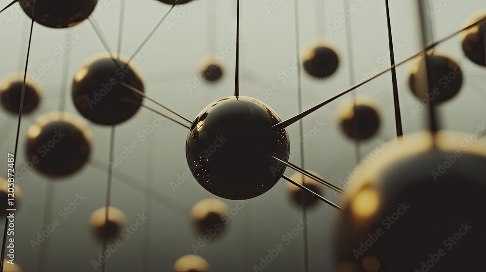 Poster conceptual render of spheres linked in an atom-like neural network structure, representing futuristi