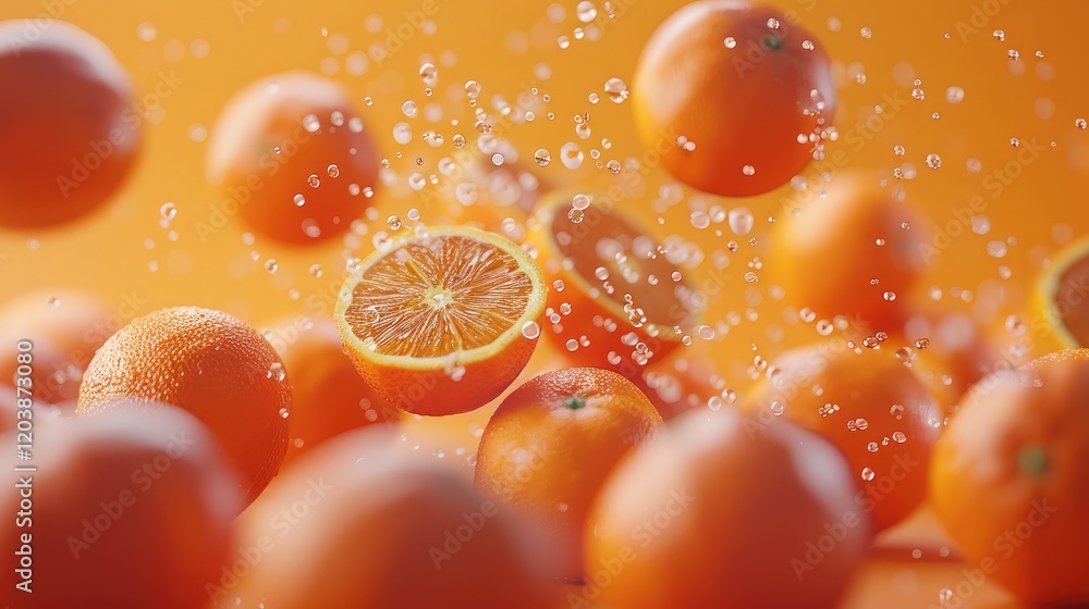 Poster many oranges are falling and piled up, with a solid color background, pure fruit, appetizing.
