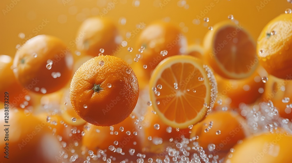 Poster many oranges are falling and piled up, with a solid color background, pure fruit, appetizing.