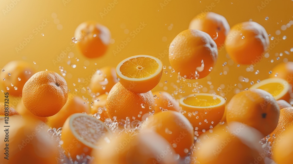 Poster many oranges are falling and piled up, with a solid color background, pure fruit, appetizing.