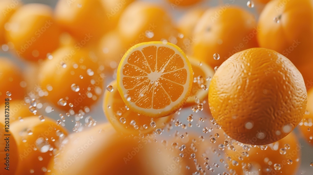 Poster many oranges are falling and piled up, with a solid color background, pure fruit, appetizing.