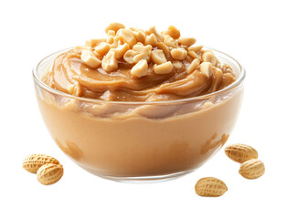 Glass bowl of peanut butter and peanuts isolated against a white background