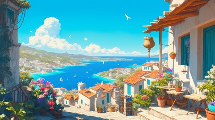 Sunny Coastal Village Houses With Sea View And Bright Blue Sky Day