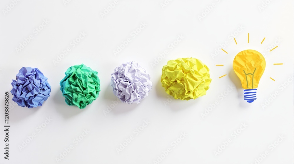 Poster crumpled colorful paper balls transition into a yellow lightbulb illustration on a white background.