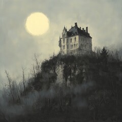 Naklejka premium An eerie, gothic-style haunted mansion perched atop a hill, shrouded in mist, with a full moon illuminating the scene.