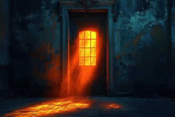 a dramatic doorway in an old building is dramatically illuminated by sunlight casting deep shadows that enhance the mysterious and moody atmosphere of the scene