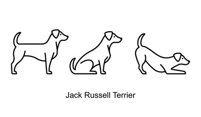 Jack Russell Terrier, line icon. Different poses of Terrier - standing, laying down, sitting. Linear illustration, editable strokes