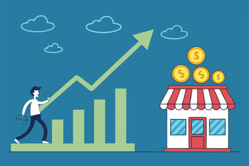 Business growth, financial success, upward trend graph, small shop icon, striped awning, businessman holding coin, blue background, floating coins, green arrow, bar chart, cloud illustrations, cartoon