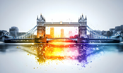 Obraz premium London Bridge, vibrant city sunrise, reflection, travel poster