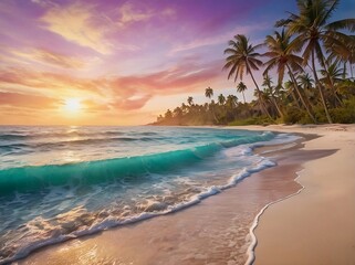 Tropical beach at sunset with palm trees silhouetted against colorful waves and a vibrant sky.
