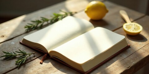 Sunlight illuminates an open blank notebook resting on a rustic wooden surface, accompanied by aromatic herbs and citrus fruit slices, suggesting tranquility and inspiration.