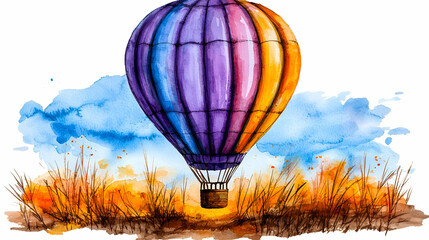Obraz premium A vibrant watercolor painting of a hot air balloon soaring over grassy fields under a blue sky, showcasing a mix of purple and orange colors.
