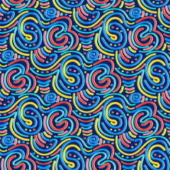  Colorful hand drawn squiggle lines and dots seamless pattern. Abstract basic swirl shapes multicolor background. Vector illustration textile or wallpaper design