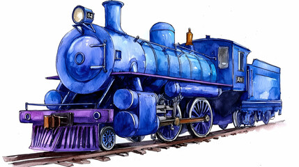 Naklejka premium A vibrant blue steam locomotive on tracks, showcasing classic design and color, evoking nostalgia for vintage trains and railway travel.