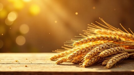 Golden Wheat Stalks at Sunset on Rustic Wooden Surface, Representing Abundance and Harvest