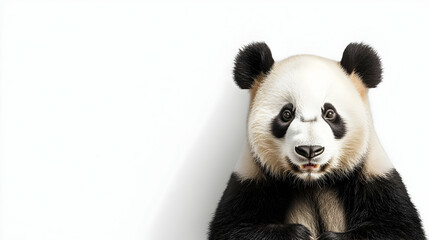 Fototapeta premium Adorable panda cub looking at camera, white background, wildlife conservation, perfect for children's book illustrations
