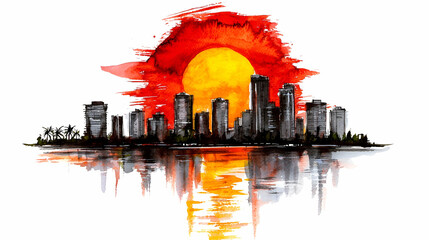 A vibrant watercolor depiction of a city skyline at sunset, featuring tall buildings silhouetted against a glowing sun and reflective water below.