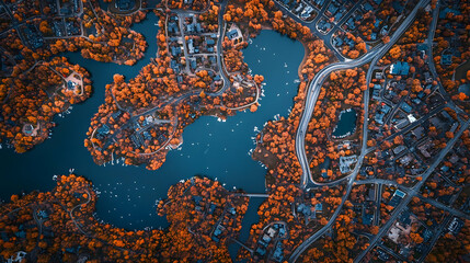 Obraz premium Aerial view of autumnal coastal town, winding roads, colorful foliage, tranquil lake. Ideal for travel brochures