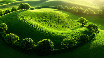 Fototapeta premium serene countryside landscape featuring lush green hills and trees, evoking tranquility and natural beauty