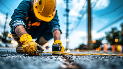 technician carefully laying fiber optic cables on city street, wearing safety gear and gloves, focused on task