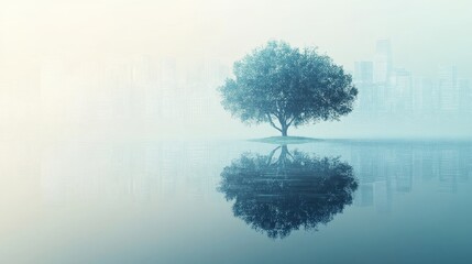 Solitude and Reflection: A Serene Tree by the Lake with City Skyline in the Background